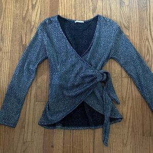 ZARA holiday sparkly silver black wrap deep v neck top long sleeve ✨ 🪩 ✨ size M